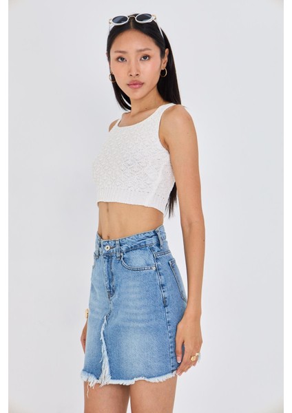 Ajurlu Crop Bluz - Bej
