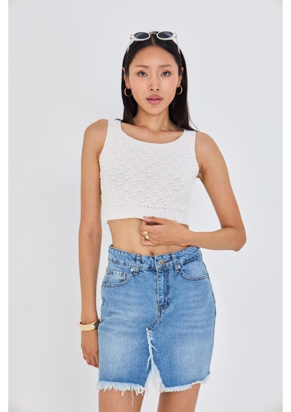 Ajurlu Crop Bluz - Bej