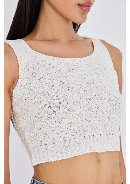 Ajurlu Crop Bluz - Bej