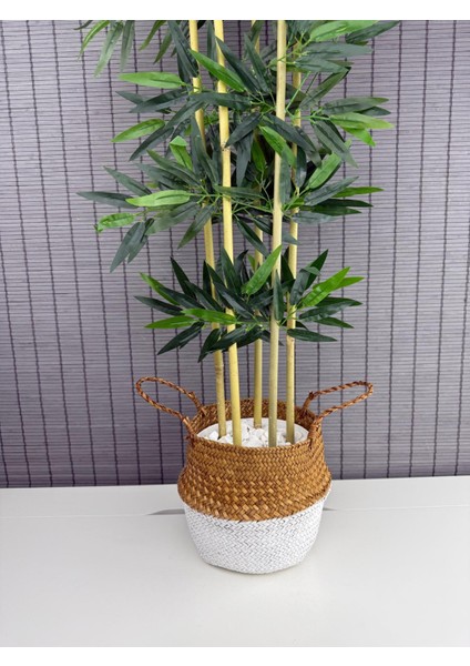 Dekoratif Yapay Yapraklı 160CM 5 Gövde Katlanır Hasır Bambu Sepetli Bambu Ağacı
