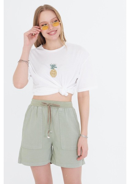 Ananas Baskılı Taşlı T-Shirt - Ekru