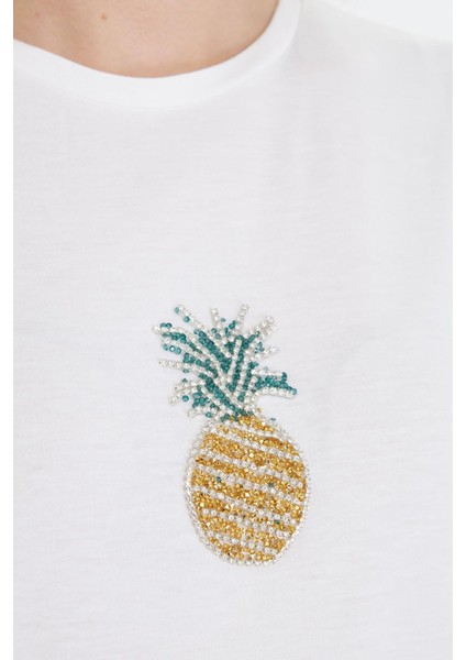 Ananas Baskılı Taşlı T-Shirt - Ekru fiyatları