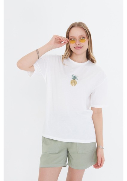 Ananas Baskılı Taşlı T-Shirt - Ekru fırsatları