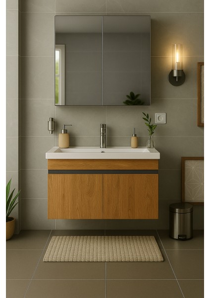 Arista 80 cm Ahşap Renkli Mdf, Seramik Lavabolu, Alt ve Üst Dolaplı, Üst Dolap Aynalı, Banyo Dolabı Takımı