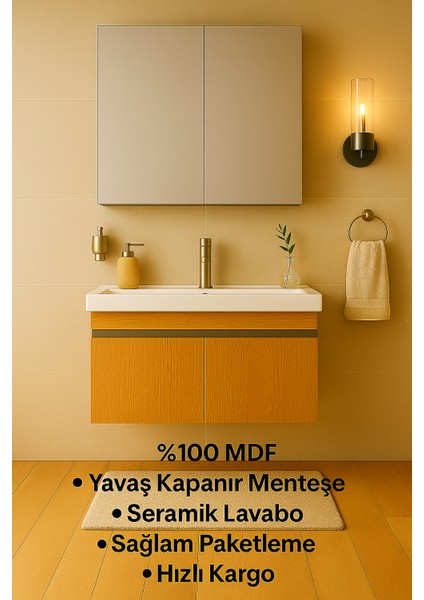Arista 80 cm Ahşap Renkli Mdf, Seramik Lavabolu, Alt ve Üst Dolaplı, Üst Dolap Aynalı, Banyo Dolabı Takımı