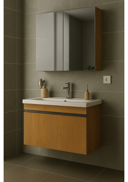 Arista 80 cm Ahşap Renkli Mdf, Seramik Lavabolu, Alt ve Üst Dolaplı, Üst Dolap Aynalı, Banyo Dolabı Takımı