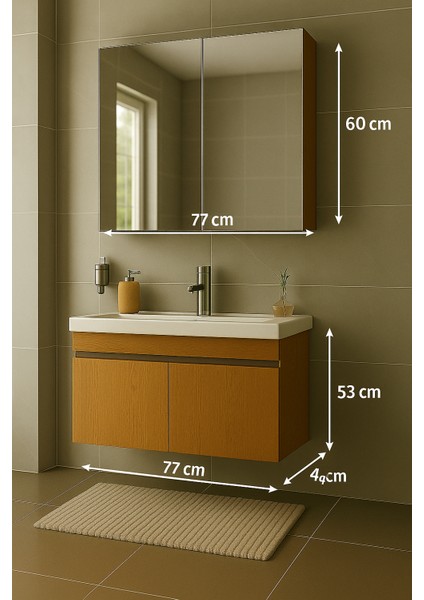 Arista 80 cm Ahşap Renkli Mdf, Seramik Lavabolu, Alt ve Üst Dolaplı, Üst Dolap Aynalı, Banyo Dolabı Takımı