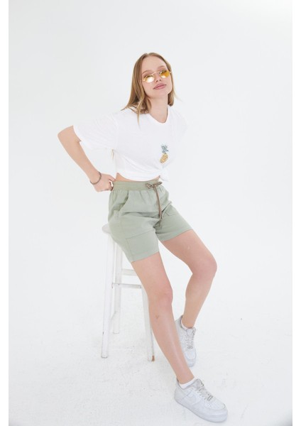 Ananas Baskılı Taşlı T-Shirt - Ekru indirimleri