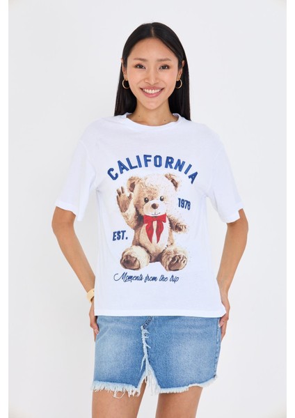 California Nakışlı Tedy Taşlı T-Shirt - Siyah