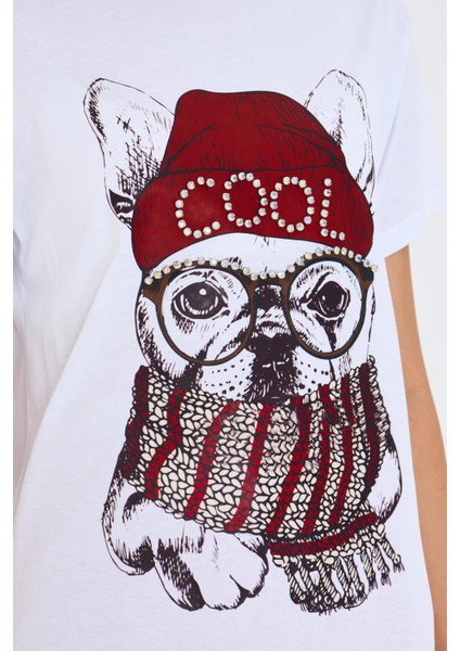 Baskılı Taşlı T-Shirt