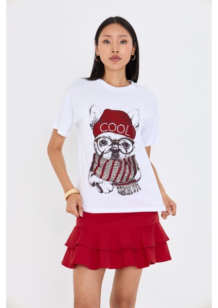Baskılı Taşlı T-Shirt