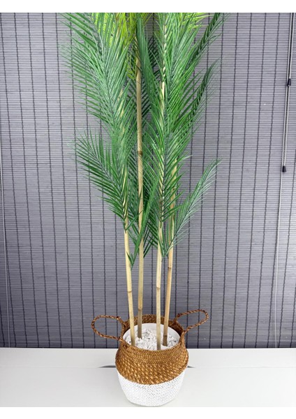 Dekoratif Yapay Yapraklı Hasır Bambu Sepetli Areka Palmiye Ağacı 4 Gövde 150CM fırsatları