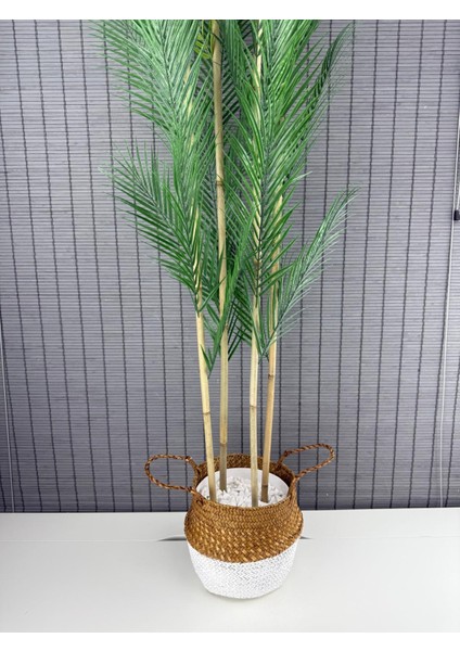 Dekoratif Yapay Yapraklı Hasır Bambu Sepetli Areka Palmiye Ağacı 4 Gövde 150CM indirimleri