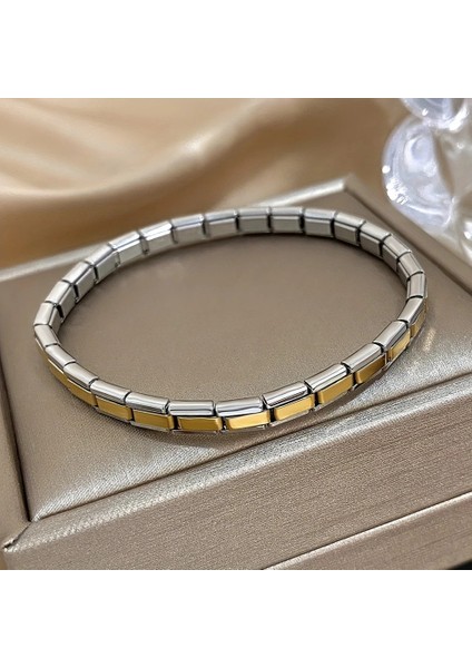 Çelik Bileklik Ince Italyan Charm Model Unisex Erkek Kadın 3 mm 18 cm Ortası Altın Sarısı Kenarı Gümüş