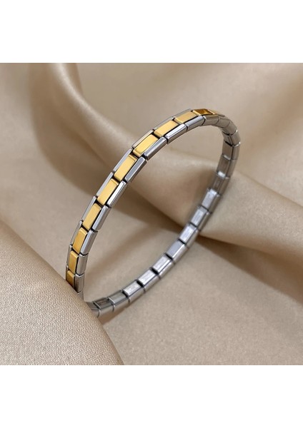 Çelik Bileklik Ince Italyan Charm Model Unisex Erkek Kadın 3 mm 18 cm Ortası Altın Sarısı Kenarı Gümüş modelleri
