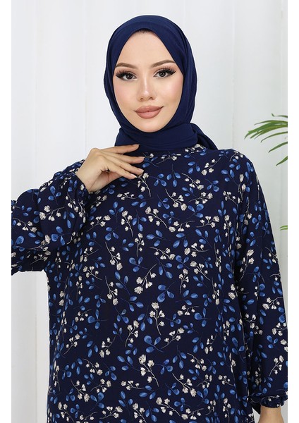 Viskon Kumaş Desenli Elbise 0065-02 Lacivert fırsatları