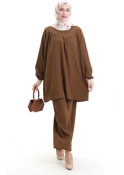 Kolu Lastikli Tunik Pantolon Ikili Takım 0103-02 Kahverengi