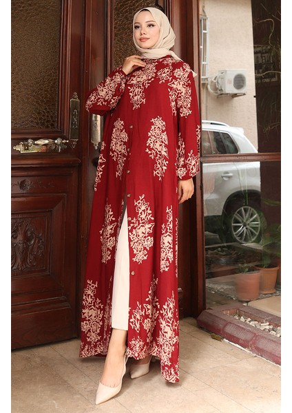 Boydan Düğmeli Desenli Elbise 2080-02 Bordo fiyatları