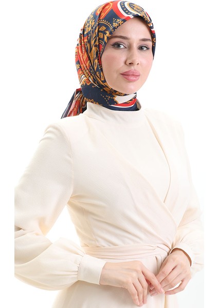 Karaca Desenli Kupra Eşarp 81090-04 Lacivert Oranj