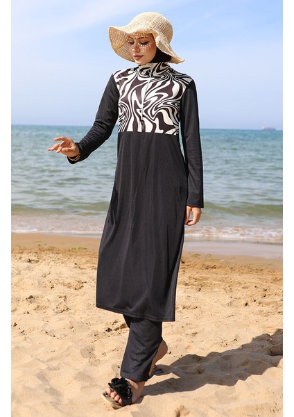 Desenli Fermuarlı Tesettür Mayo 2507-01 Siyah Beyaz fiyatları