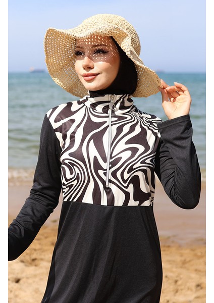 Desenli Fermuarlı Tesettür Mayo 2507-01 Siyah Beyaz modelleri