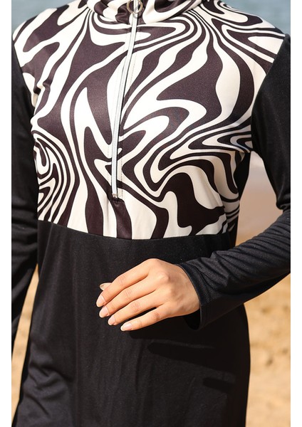 Desenli Fermuarlı Tesettür Mayo 2507-01 Siyah Beyaz fırsatları