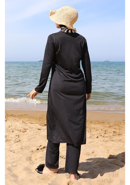 Desenli Fermuarlı Tesettür Mayo 2507-01 Siyah Beyaz indirimleri