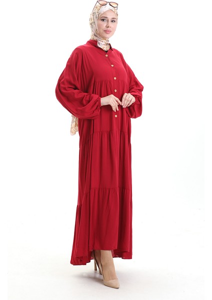 Yarım Düğmeli Kolu Lastikli Elbise 0091-03 Bordo fiyatları