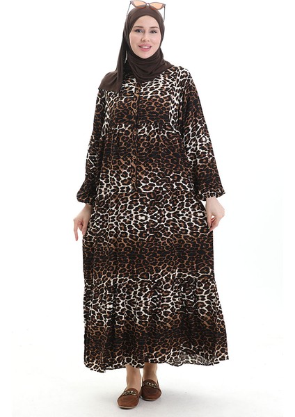 Leopar Desenli Düğmeli Elbise 2071-01 Kahverengi Siyah