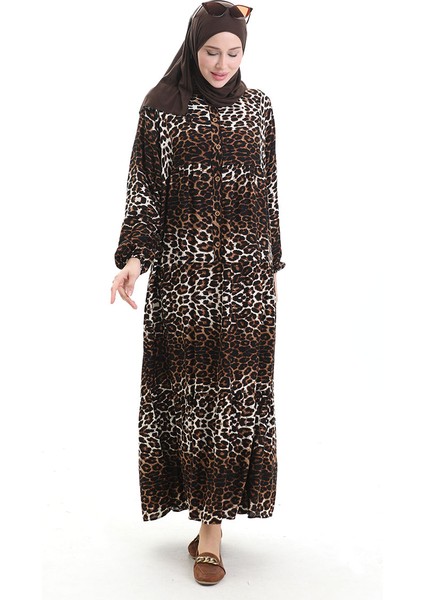 Leopar Desenli Düğmeli Elbise 2071-01 Kahverengi Siyah fiyatları
