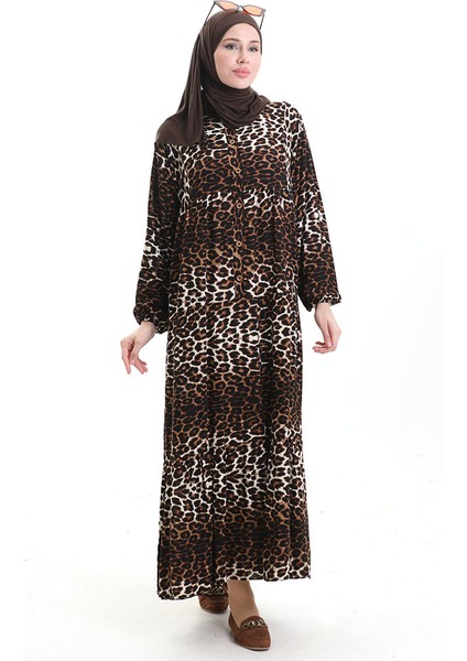 Leopar Desenli Düğmeli Elbise 2071-01 Kahverengi Siyah modelleri