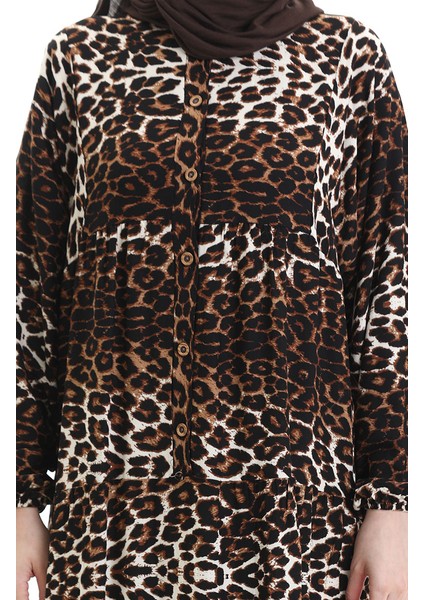 Leopar Desenli Düğmeli Elbise 2071-01 Kahverengi Siyah indirimleri