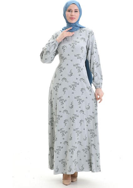 Kolu Lastikli Desenli Elbise 2047-07 Gümüş Gri