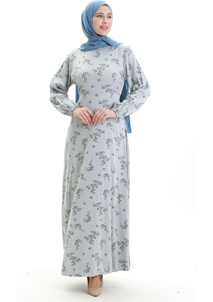 Kolu Lastikli Desenli Elbise 2047-07 Gümüş Gri modelleri