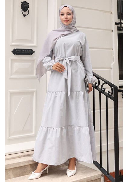 Terikoton Çizgili Kuşaklı Elbise 0101-01 Gri