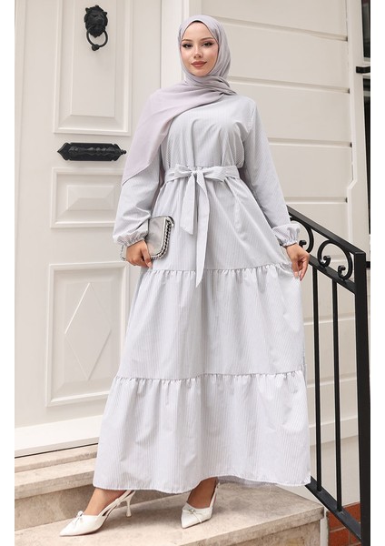 Terikoton Çizgili Kuşaklı Elbise 0101-01 Gri fiyatları