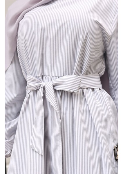 Terikoton Çizgili Kuşaklı Elbise 0101-01 Gri fırsatları