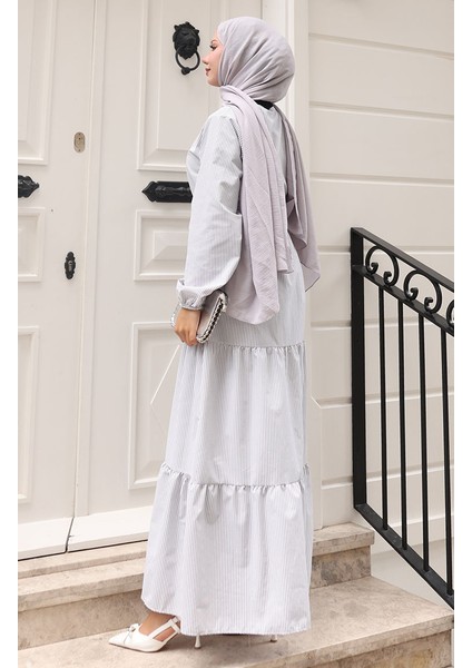 Terikoton Çizgili Kuşaklı Elbise 0101-01 Gri indirimleri