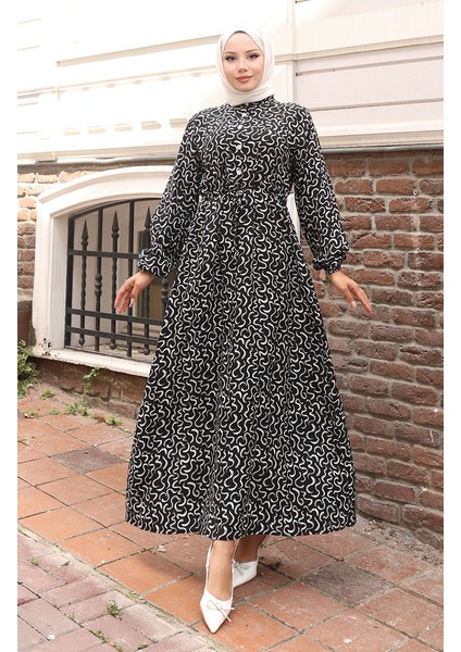 Belden Bağcıklı Desenli Elbise 2079-03 Siyah Beyaz