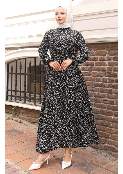 Belden Bağcıklı Desenli Elbise 2079-03 Siyah Beyaz fiyatları