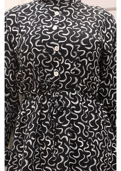 Belden Bağcıklı Desenli Elbise 2079-03 Siyah Beyaz fırsatları