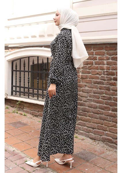 Belden Bağcıklı Desenli Elbise 2079-03 Siyah Beyaz indirimleri