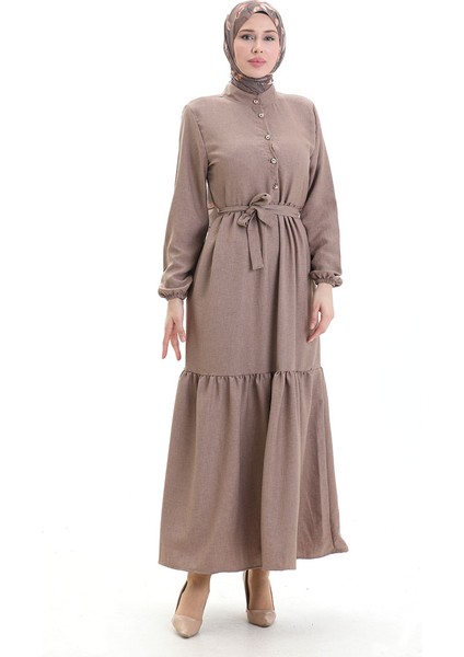 Kolu Lastkli Düğmeli Elbise 0104-02 Kahverengi