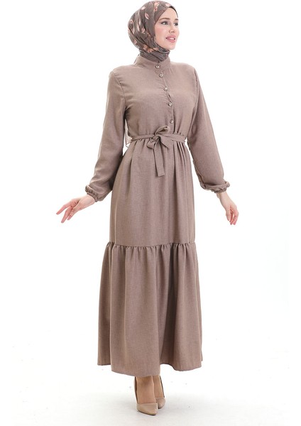 Kolu Lastkli Düğmeli Elbise 0104-02 Kahverengi modelleri