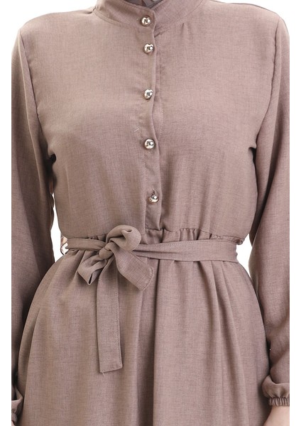 Kolu Lastkli Düğmeli Elbise 0104-02 Kahverengi indirimleri