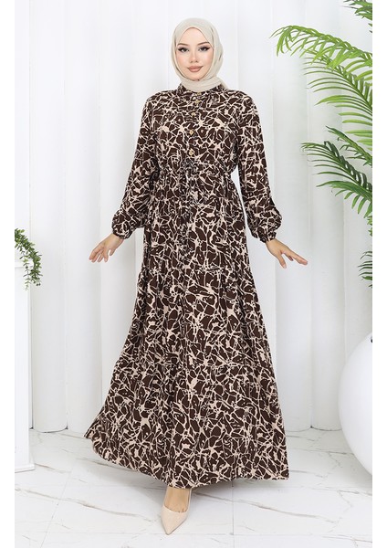 Viskon Kumaş Yarım Düğmeli Desenli Elbise 0087-01 Kahverengi Bej