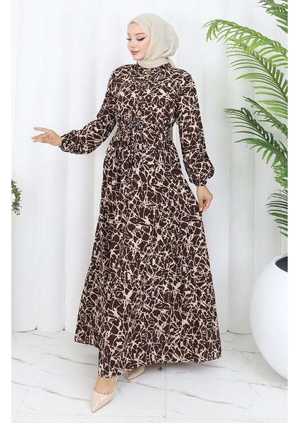 Viskon Kumaş Yarım Düğmeli Desenli Elbise 0087-01 Kahverengi Bej fiyatları