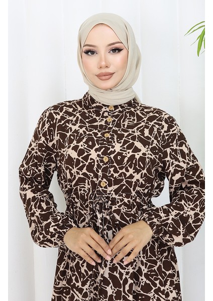 Viskon Kumaş Yarım Düğmeli Desenli Elbise 0087-01 Kahverengi Bej modelleri