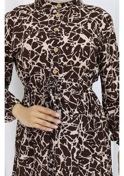 Viskon Kumaş Yarım Düğmeli Desenli Elbise 0087-01 Kahverengi Bej fırsatları