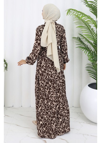 Viskon Kumaş Yarım Düğmeli Desenli Elbise 0087-01 Kahverengi Bej indirimleri